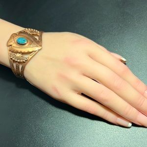 Vintage Hand Stamped Solid Copper Arrow Head Cuff Bracelet Turquoise Cabochon